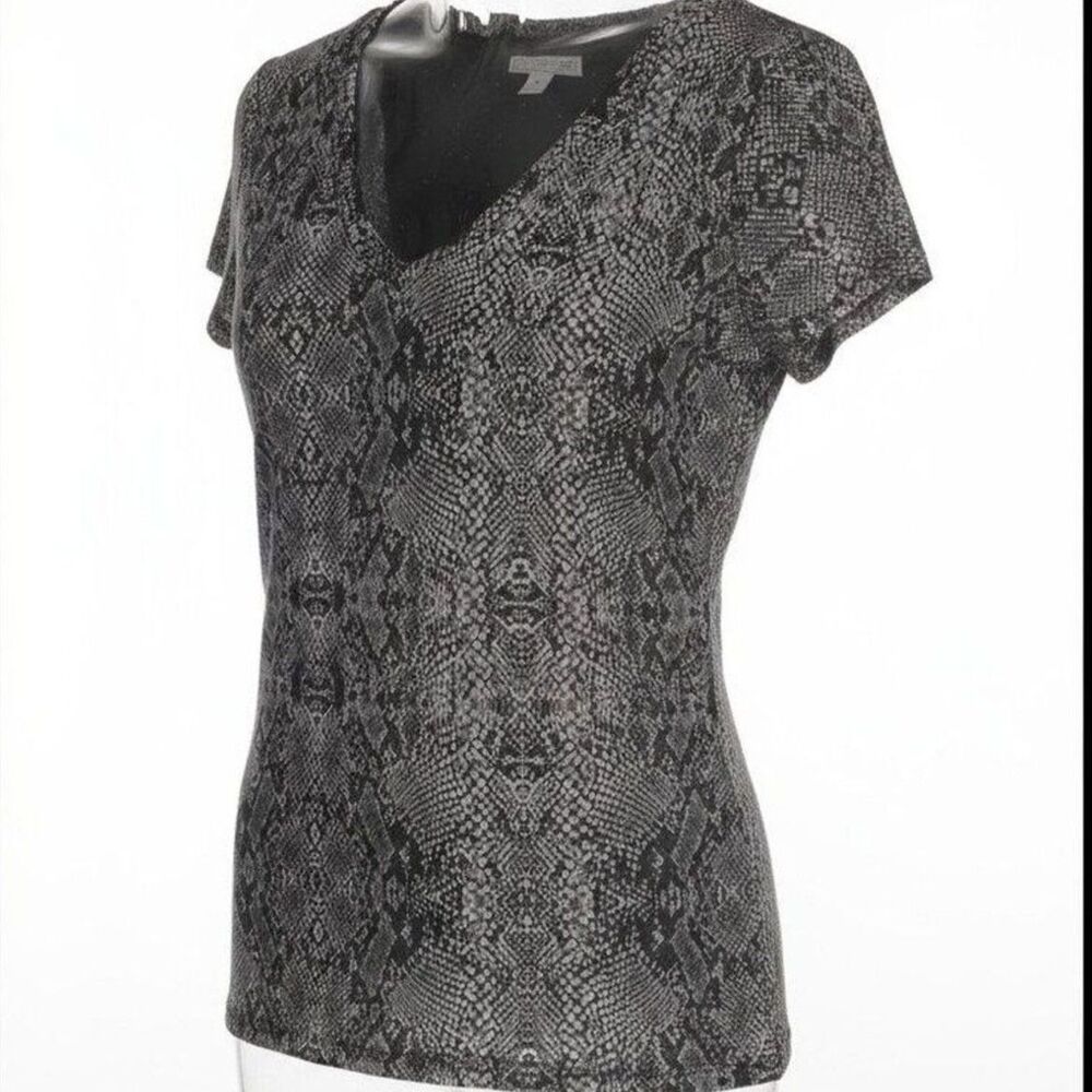 Dana Buchman Snake Print V-Neck Blouse Size M Brown Animal Print Work Top Stretc